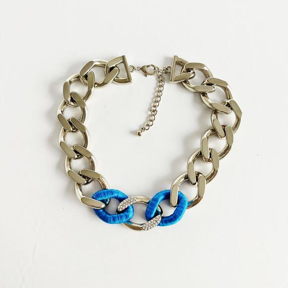 [Gold & Blue] Chunky Chain Link Necklace Rhinestone Crystal Accents - Picture 1 of 5